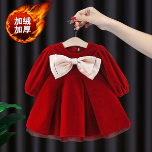 婴儿衣服超洋气秋冬款加绒红色连衣裙礼服一周岁女宝宝生日宴冬装