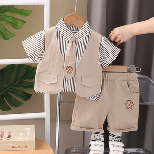 婴儿衣服夏季男童洋气小西服短袖套装1一3周岁男宝宝生日礼服夏装