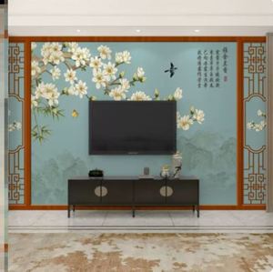 自带边框壁布古典中式书法花鸟壁纸电视背景墙壁画茶客厅定制墙布