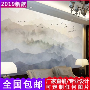 现代新中式手绘大山墙纸禅意古典艺术壁画客厅电视背景墙