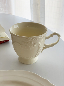 安木良品 外贸出口 欧式轻奢复古奶油色浮雕陶瓷下午茶杯子咖啡杯