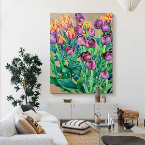 纯手绘油画绿植紫色郁金香球花卉肌理客厅装饰画抽象丙烯玄关挂画