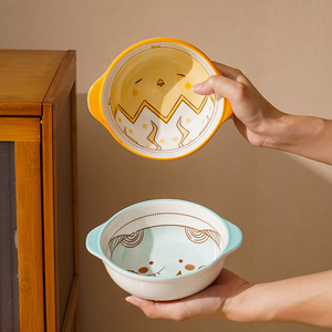 双耳碗陶瓷儿童碗饭碗可爱卡通早餐碗宝宝吃饭碗汤碗微波炉专用碗