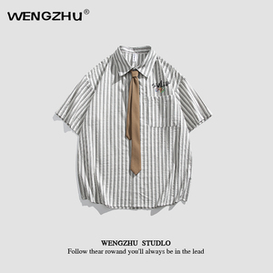 WENGZHU「设计师品牌」/男女同款/ 日系复古条纹短袖衬衫领带衬衣