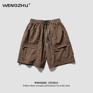 WENGZHU「设计师品牌」/男女同款/ 户外运动短裤细格子抽绳五分裤