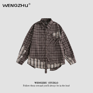WENGZHU「设计师品牌」/男女同款/ 潮牌破烂拼接日系格子长袖衬衫