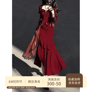 【现货】法式赫本小红裙礼服lolita红色鱼尾连衣裙女春夏季高级感