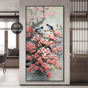 喜上眉梢装饰画新中式桃花玄关壁画客厅植物花卉喜鹊寓意好挂画