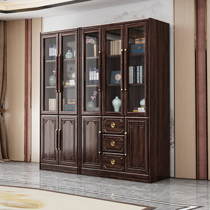 新中式紫金檀木实木柜子书柜简约现代靠墙玻璃柜书房储物柜置物柜