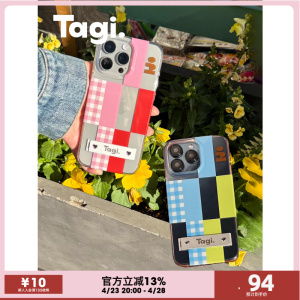 Tagi. 格纹积木《小尾巴》隐藏折叠金属爱心站立支架透明手机壳