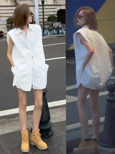 韩版时尚气质休闲套装女夏季新款垫肩无袖白色衬衫阔腿短裤两件套