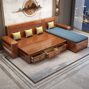 中式实木沙发床可折叠多功能大小户型客厅储物两用沙发床工厂直销