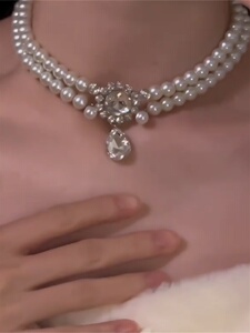 轻奢双层珍珠锆石项链锁骨链潮女款温柔百搭小众高级晚宴礼服颈链