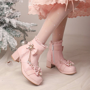 洛丽塔粉色女童公主靴秋冬款靴子Lolita儿童短靴萝莉高跟马丁皮鞋