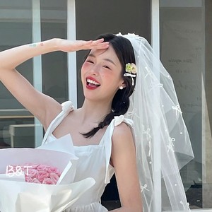 白色结婚领证头饰氛围感蝴蝶结头纱珍珠蓬蓬纱韩式新娘拍照道具