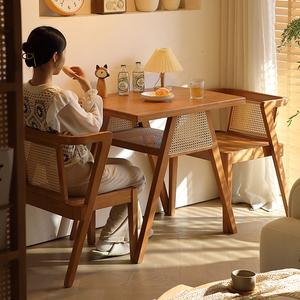 复古新中式实木藤编餐饭方桌围炉煮茶桌椅组合小户型阳台家用休闲