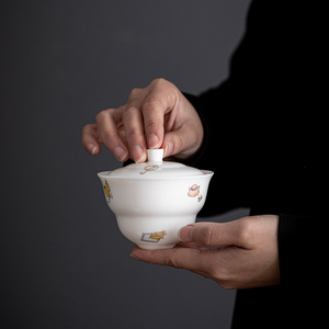 寻器 猫趣葫芦二才盖碗带盖茶杯单个家 用陶瓷中式功夫茶具泡茶器