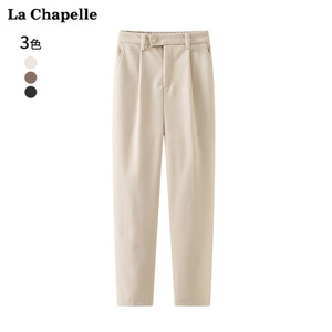 拉夏贝尔/La Chapelle毛呢西装裤女春新款复古垂感高腰直筒休闲裤
