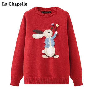 拉夏贝尔/La Chapelle钩花小兔子图案圆领套头毛衣女春季新年战袍