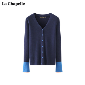 拉夏贝尔/La Chapelle撞色袖子拼接V领针织开衫女简约百搭上衣春
