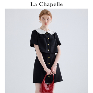 拉夏贝尔/La Chapelle假两件撞色娃娃领短袖连衣裙法式小众裙子夏