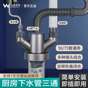 厨房下水管道三通洗菜盆水槽防臭神器洗碗机净水器多功能排水接头