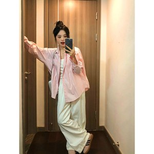 韩版高级感粉色长袖衬衫女薄款春夏季防晒衬衣设计感小众宽松外套