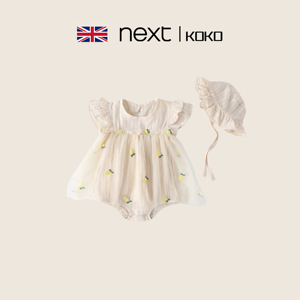 英国Next koko婴儿夏纯棉连衣裙女宝宝薄款短袖刺绣菠萝网纱哈衣