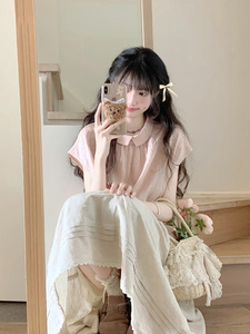 「邻家女孩」粉色短袖衬衫女夏季日系文艺亚麻衬衣慵懒风上衣