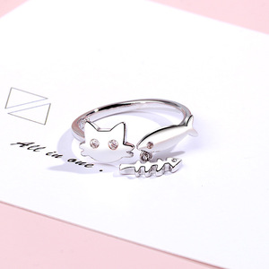 创意小清新猫和鱼女创意设计流苏萌猫鱼骨镶钻食指猫鱼戒指