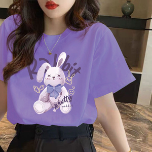 韩版紫色短袖T恤女兔子印花设计感上衣洋气减龄夏季新款漂亮衣服