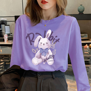 紫色长袖t恤女2024年新款兔年春秋款印花上衣服韩版ins宽松打底衫