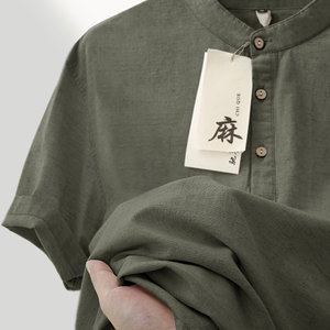 高端夏季薄款灰色亚麻短袖休闲T恤男士中国风立领衬衫棉麻上衣男
