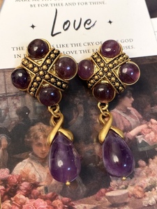 「紫灵薇」天然紫水晶石耳环复古宫廷风重工中古 vintage精雕耳环