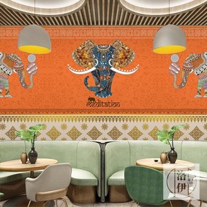东南亚风格泰式大象画背景墙壁纸泰国风情装饰餐厅spa按摩店墙纸