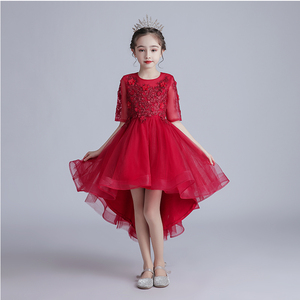 儿童礼服公主裙生日花童婚纱洋气女童红色小主持人钢琴演出服长袖