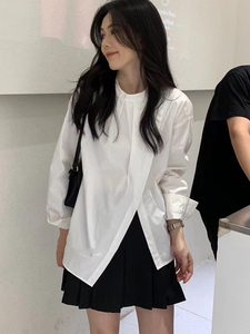 日系不规则开叉白色衬衫女2024夏季新款防晒衣复古设计感宽松上衣
