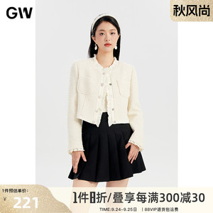 GW大码女装名媛千金风短款外套2024秋季新款微胖mm减龄米色上衣女