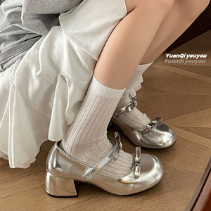 元气柚柚高跟玛丽珍小皮鞋女2024新款银色凉鞋法式厚底jk单鞋子