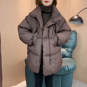 2024冬季新款时尚韩版中长款口袋拼接立领复古宽松棉衣棉服外套女