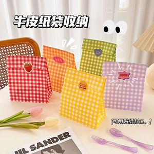 ins韩风彩色格子牛皮纸袋礼品包装小礼物纸袋可爱收纳整理袋子潮