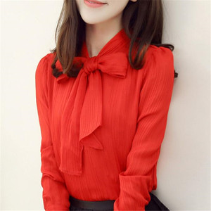 2023 White Red Blouse Women Work Wear Bow Collar Long Sleeve