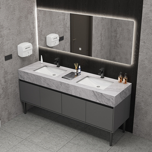简约公共卫生间大理石双盆落地浴室柜组合智能洗手洗漱台盆柜套装