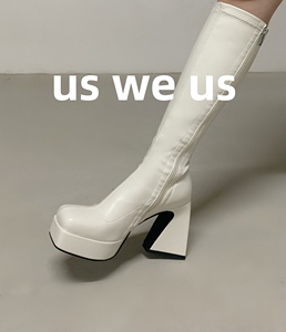 US WE US | 10cm粗跟厚底方头弹力防水台高跟高筒靴女鞋