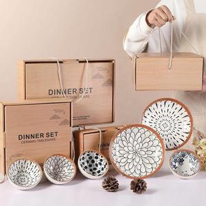 木纹印花陶瓷餐具礼品盒碗筷盘套装陶瓷碗盘全套活动礼品伴手礼