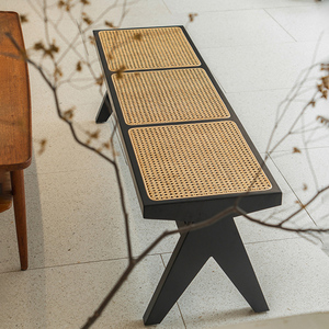 复古藤编长条凳网红昌迪加尔客厅餐椅小板凳日式家用实木换鞋矮凳