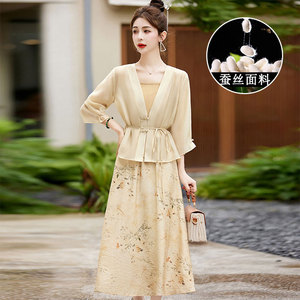 新中式真丝套装连衣裙女夏季新款法式高级感复古国风印花三件套裙
