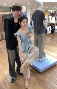 韩系小个子蓝色飞飞袖衬衣女夏季减龄蝴蝶结上衣搭配九分裤套装女