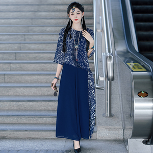 新中式国风复古套装女夏季不对称中袖衬衫女士碎花刺绣裙子两件套