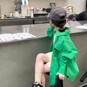 儿童衬衫外套春夏韩版宽松绿色中长款洋气时髦炸街女童长袖衬衫潮